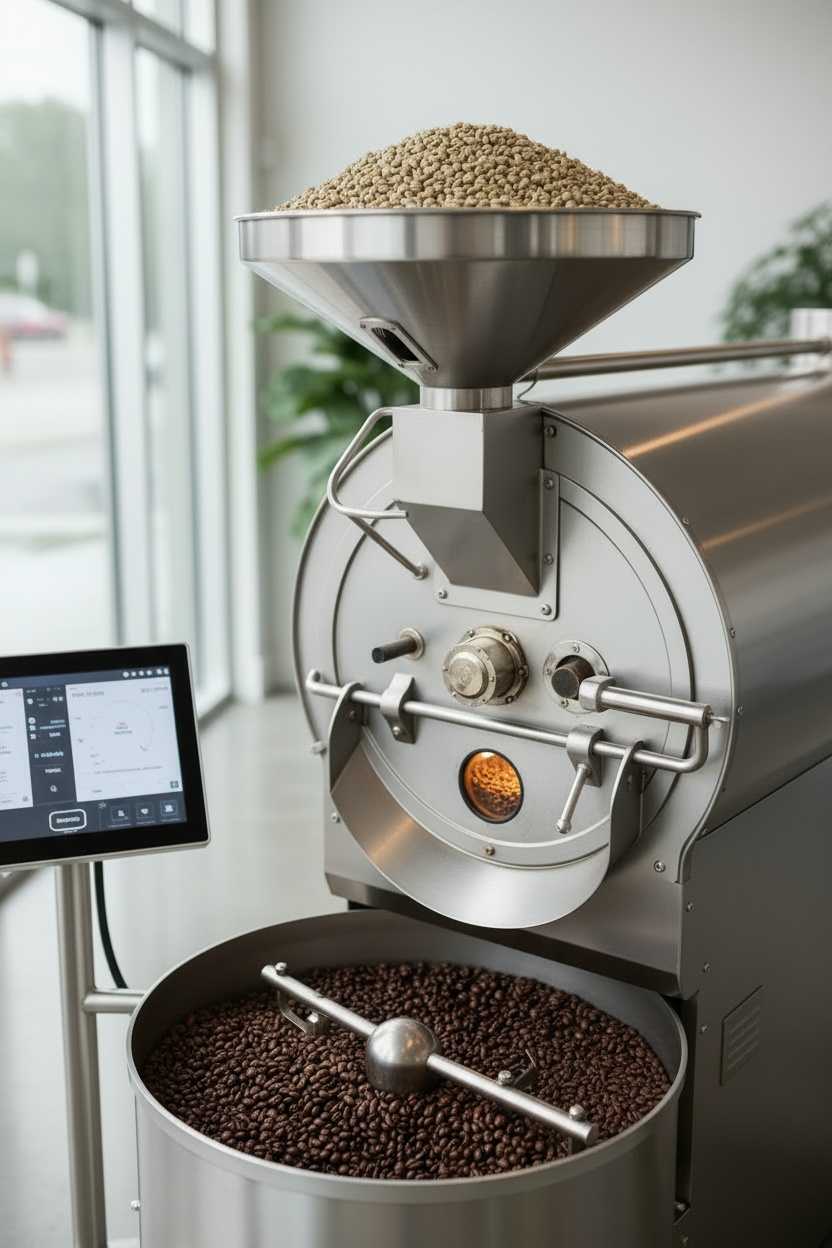 Coffee Roaster — Elevated Angle Showing Green Beans
