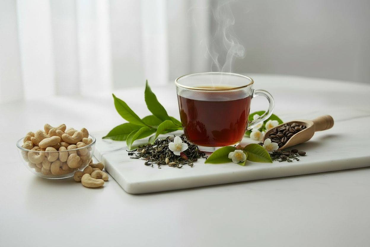 Tea Photo with Cashew Nuts in Glass Bowl